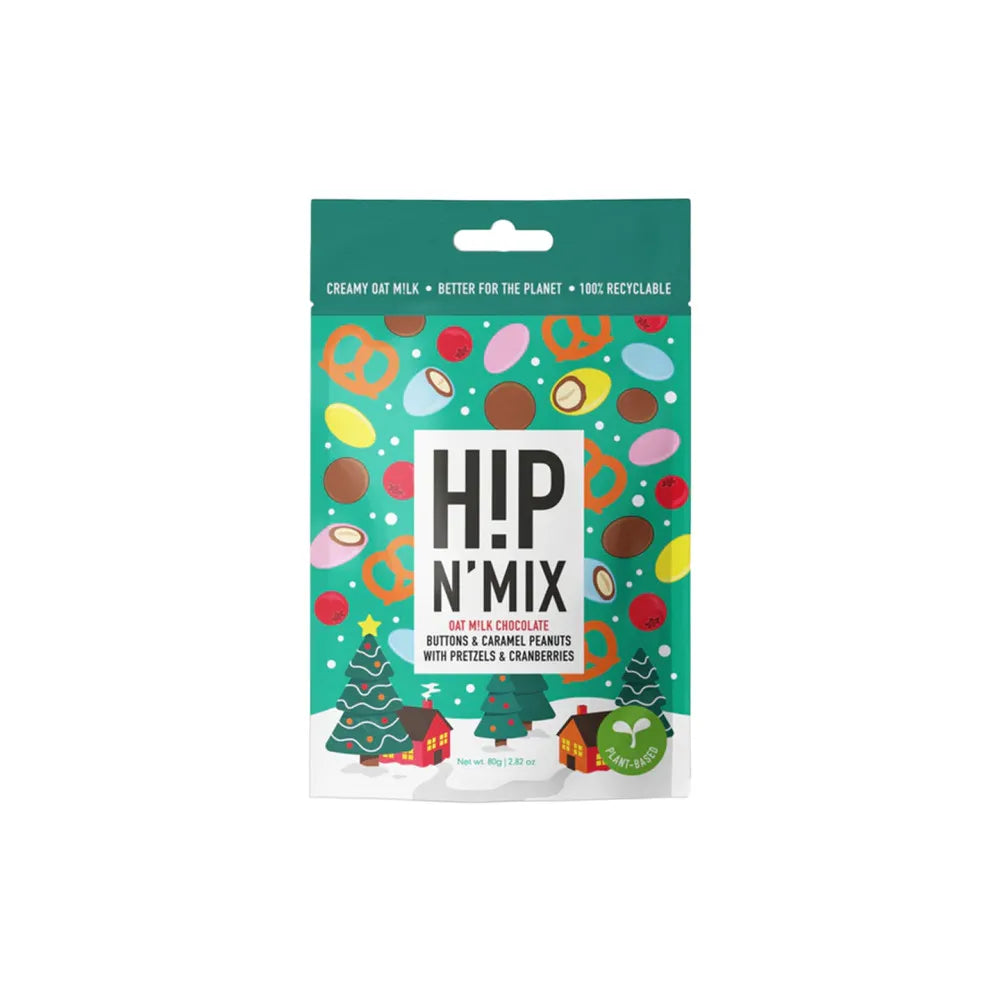 Hafermilchschokoladenknöpfe und karamellisierte Erdnüsse mit Brezeln und Cranberries H!P N’MIX Christmas Pouch, 80 g