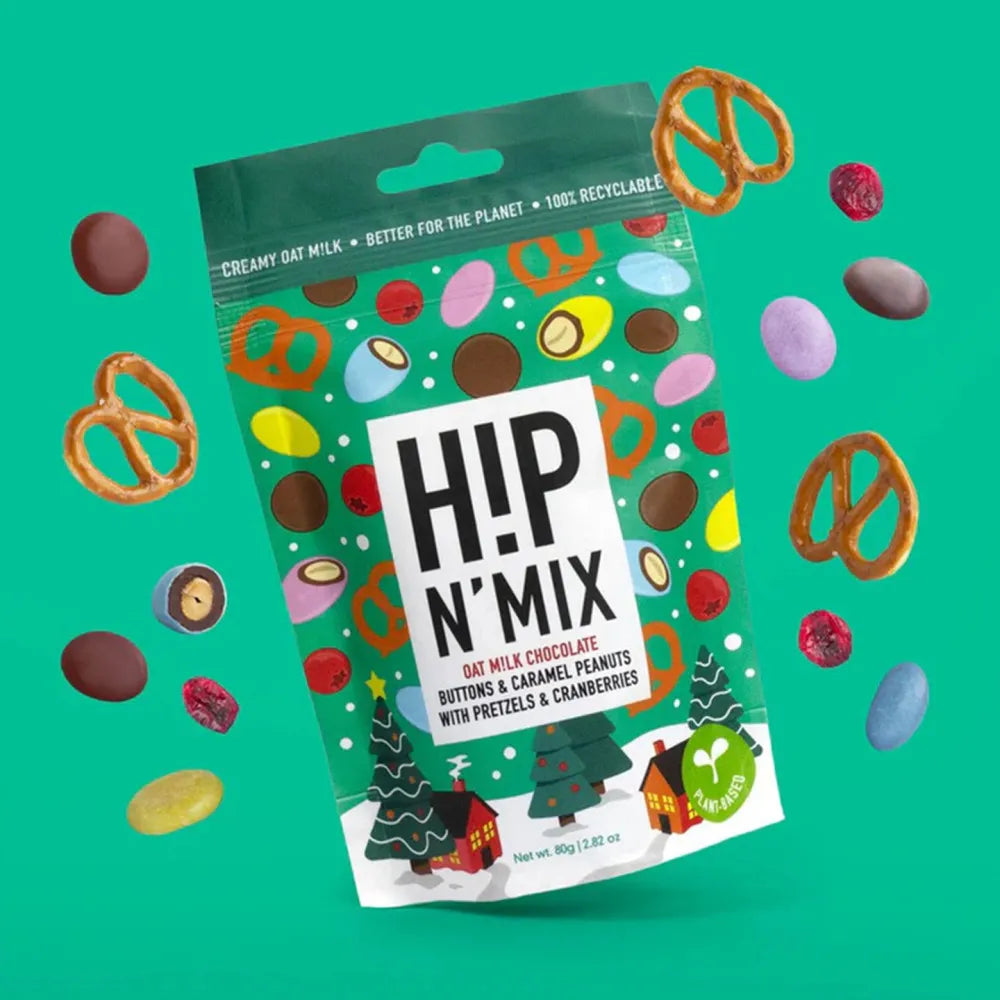 Hafermilchschokoladenknöpfe und karamellisierte Erdnüsse mit Brezeln und Cranberries H!P N’MIX Christmas Pouch, 80 g