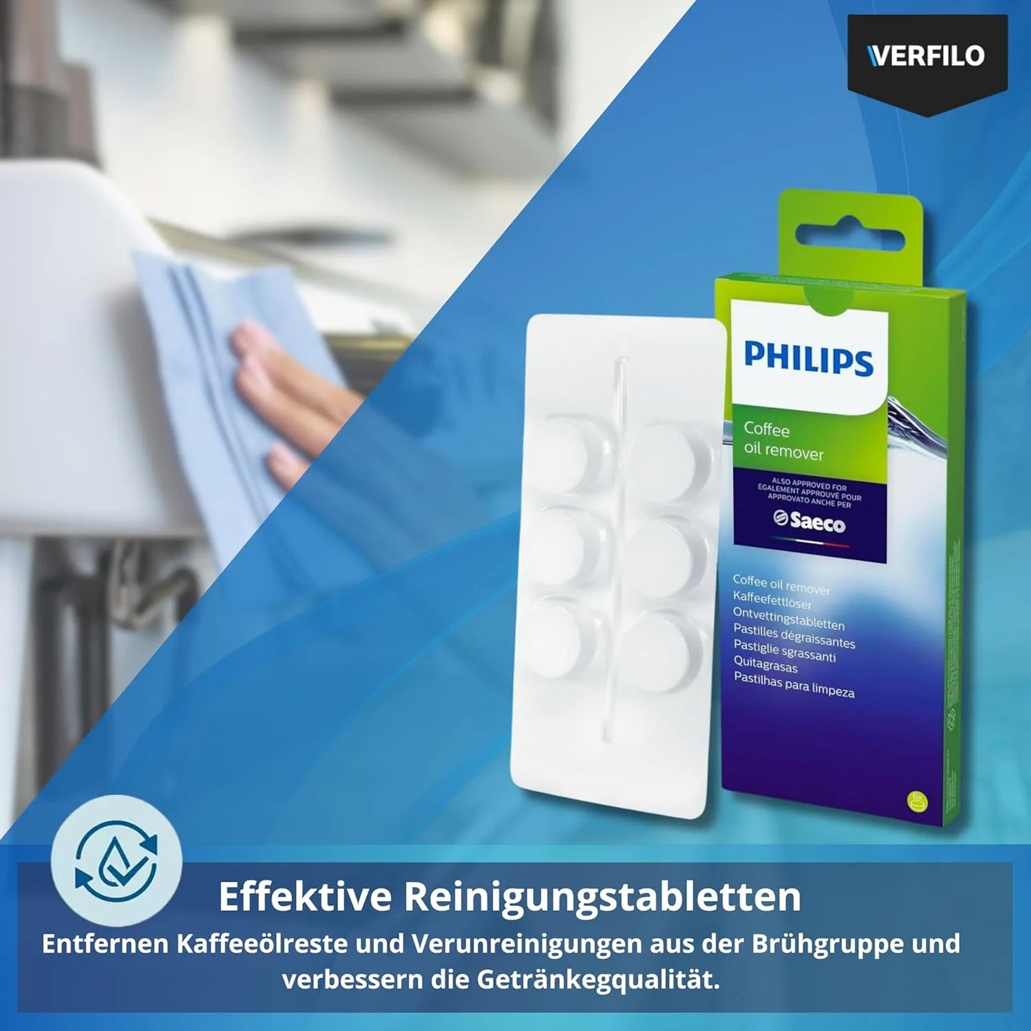 Pflegeset Philips AquaClean: Wasserfilter CA6903/22, Entkalker CA6700, Reinigungstabletten CA6704/10, CA6705/10, Fett HD5061/01, VERFILO Bürste