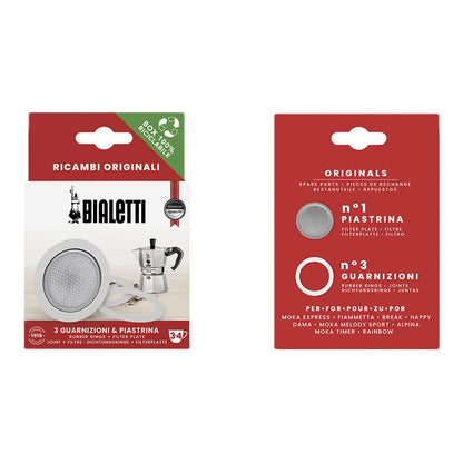 Dichtungen und Filterplatte für Bialetti alum. 3/4-Tassen-Mokkakannen