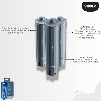 JURA Kaffeemaschinen-Pflegeset: 3 x CLARIS Smart+ Filter (24233), 3-Phasen-Reinigungstabletten 6 Stück, Entkalkungstabletten 3 x 3, Systemreiniger Marke: VERFILO