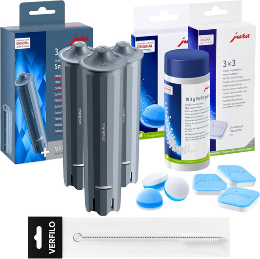 JURA Kaffeemaschinen-Pflegeset: 3 x CLARIS Smart+ Filter (24233), 3-Phasen-Reinigungstabletten 6 Stück, Entkalkungstabletten 3 x 3, Systemreiniger Marke: VERFILO