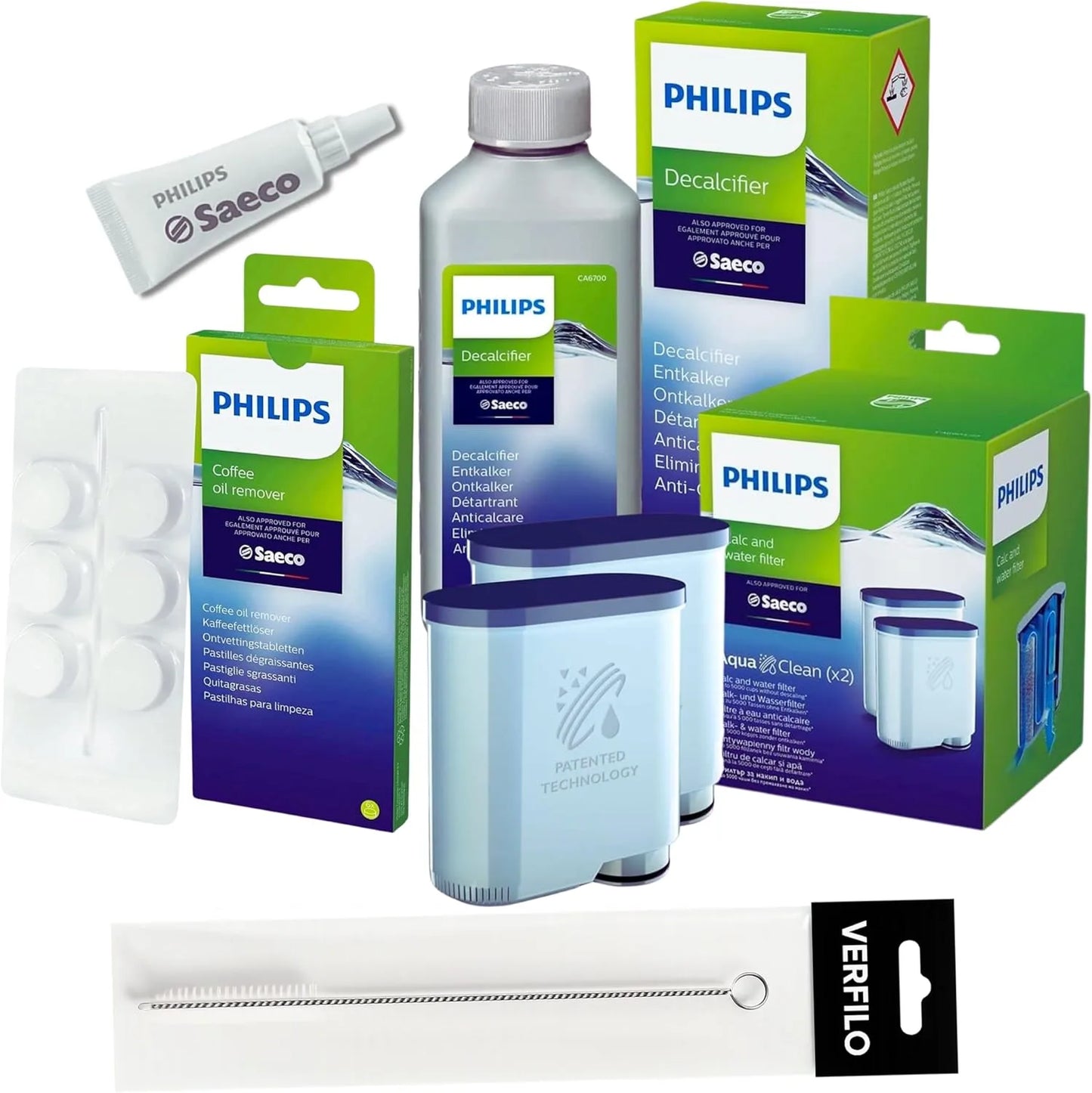 Philips Pflegeset AquaClean – CA6903/22 Filter, CA6700 Entkalker, CA6704/10 Reinigungstabletten, HD5061 Silikonfett, Bürste