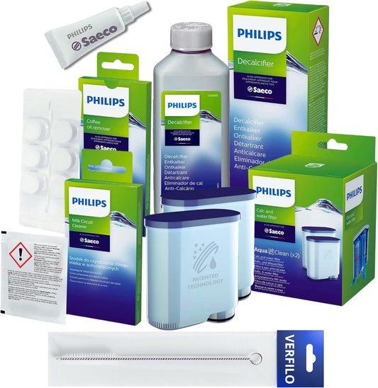 Pflegeset Philips AquaClean: Wasserfilter CA6903/22, Entkalker CA6700, Reinigungstabletten CA6704/10, CA6705/10, Fett HD5061/01, VERFILO Bürste