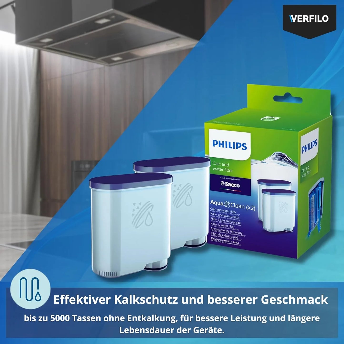Pflegeset Philips AquaClean: Wasserfilter CA6903/22, Entkalker CA6700, Reinigungstabletten CA6704/10, CA6705/10, Fett HD5061/01, VERFILO Bürste