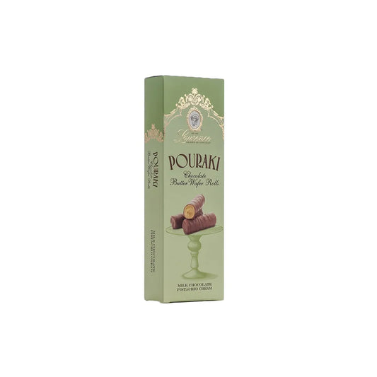 Vollmilchschokoladen-Butterwaffelröllchen mit Pistaziencreme Laurence Pouraki Pistachio, 4 x 30 g